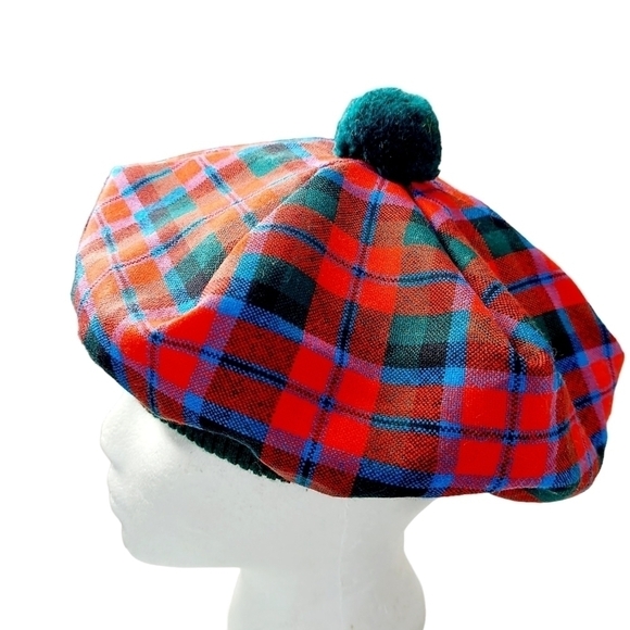 VTG Scottish Tam O'Shanter Beret Pom Pom Plaid 100% Wool Lined Made in Scotland - Picture 14 of 16